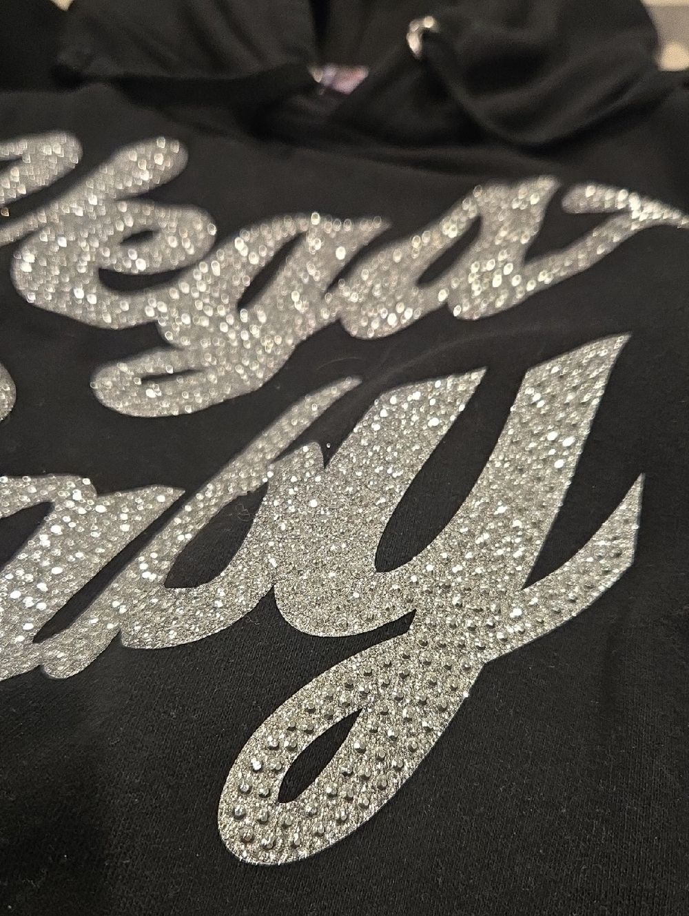 Black Hoodie with Silver 'Vegas Baby' Glitter Script - Picture 4 of 4